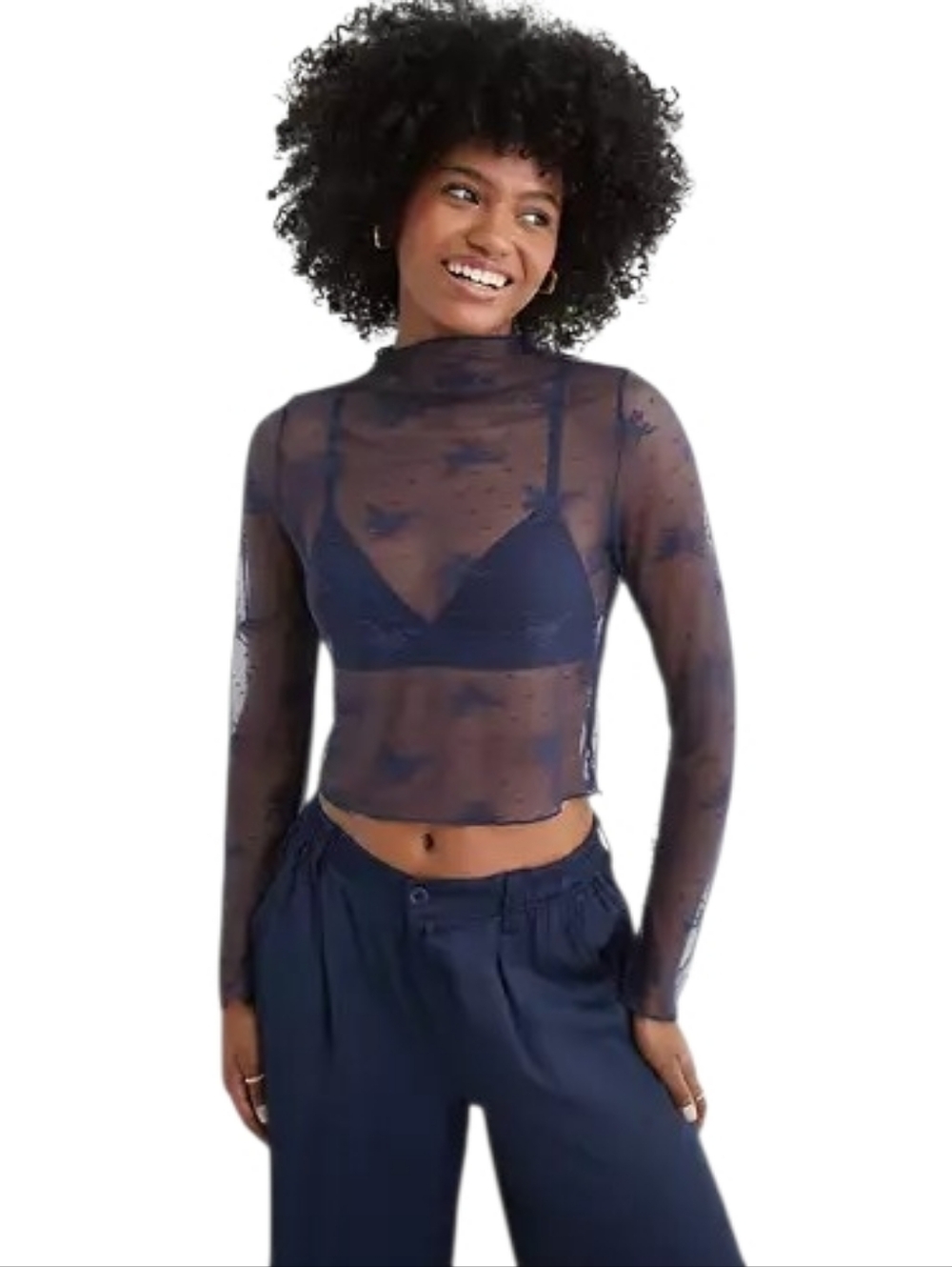 NWT Aerie Sheer Level Up Lace Layering Top Long Sleeve Mock Neck Navy Blue XS